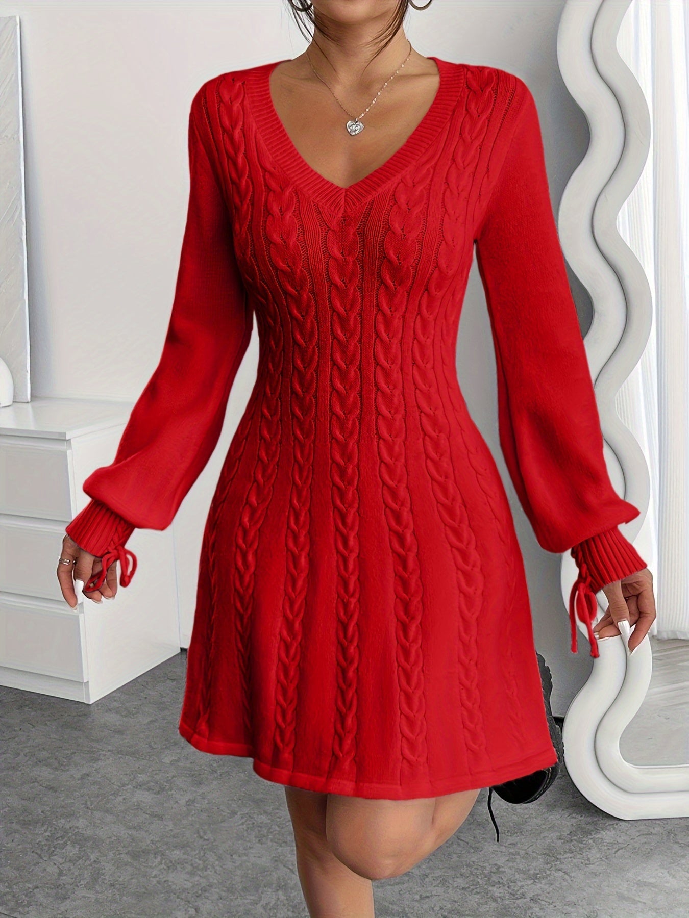 Robe pull hiver femme col V maille torsadée