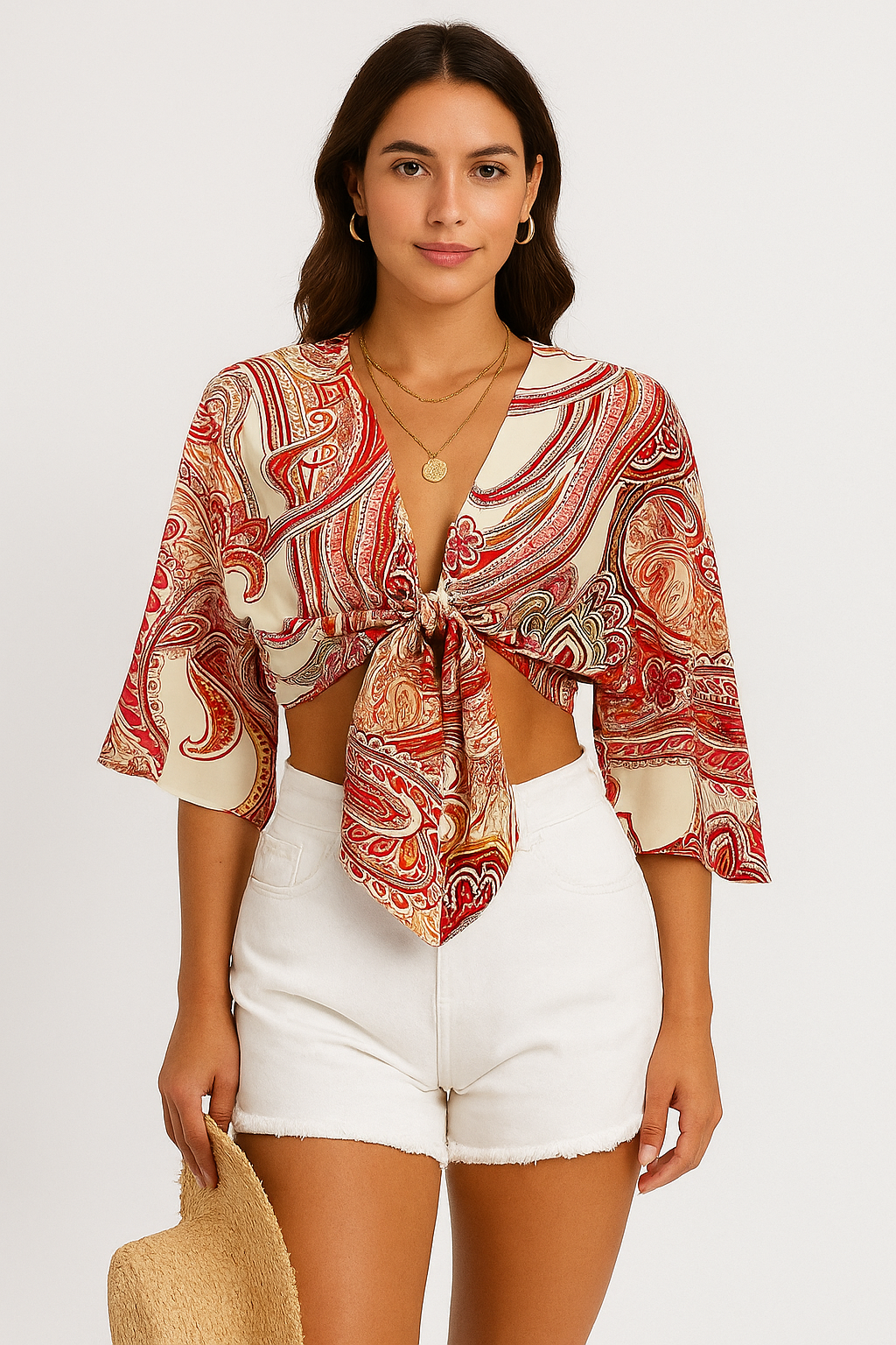 Top bohème femme noué à l’avant manches larges imprimé foulard