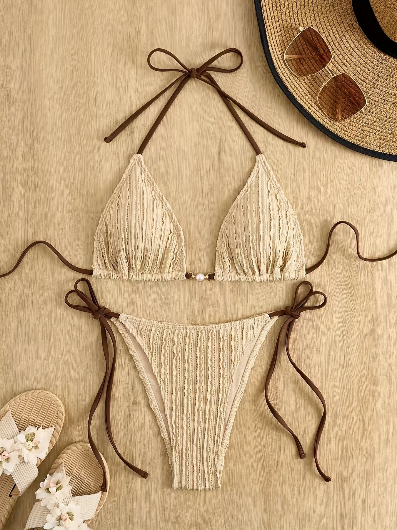 Maillot de bain 2 pièces triangle texturé à nouer perle