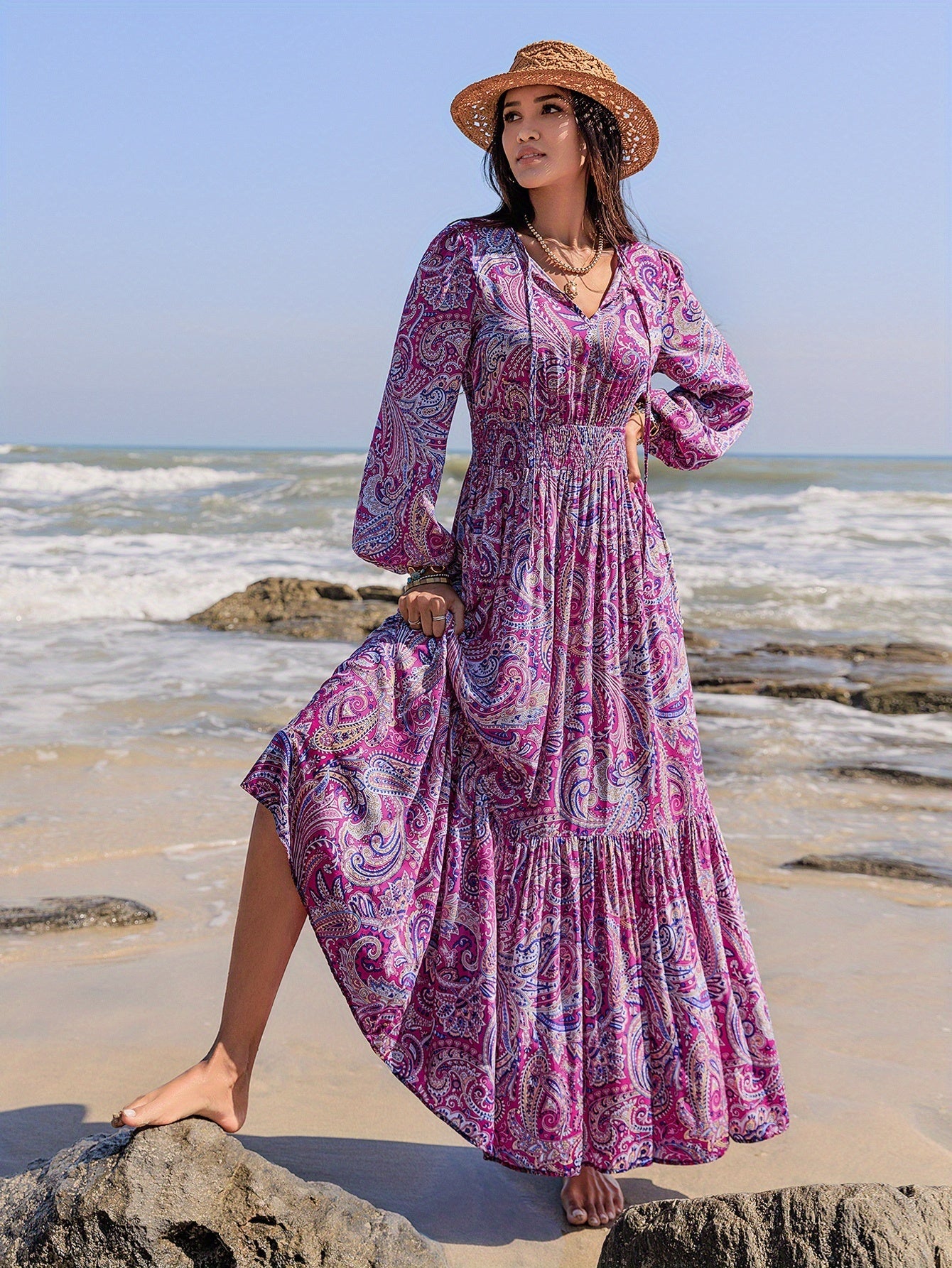 Robe bohème longue été femme à motifs paisley fluide