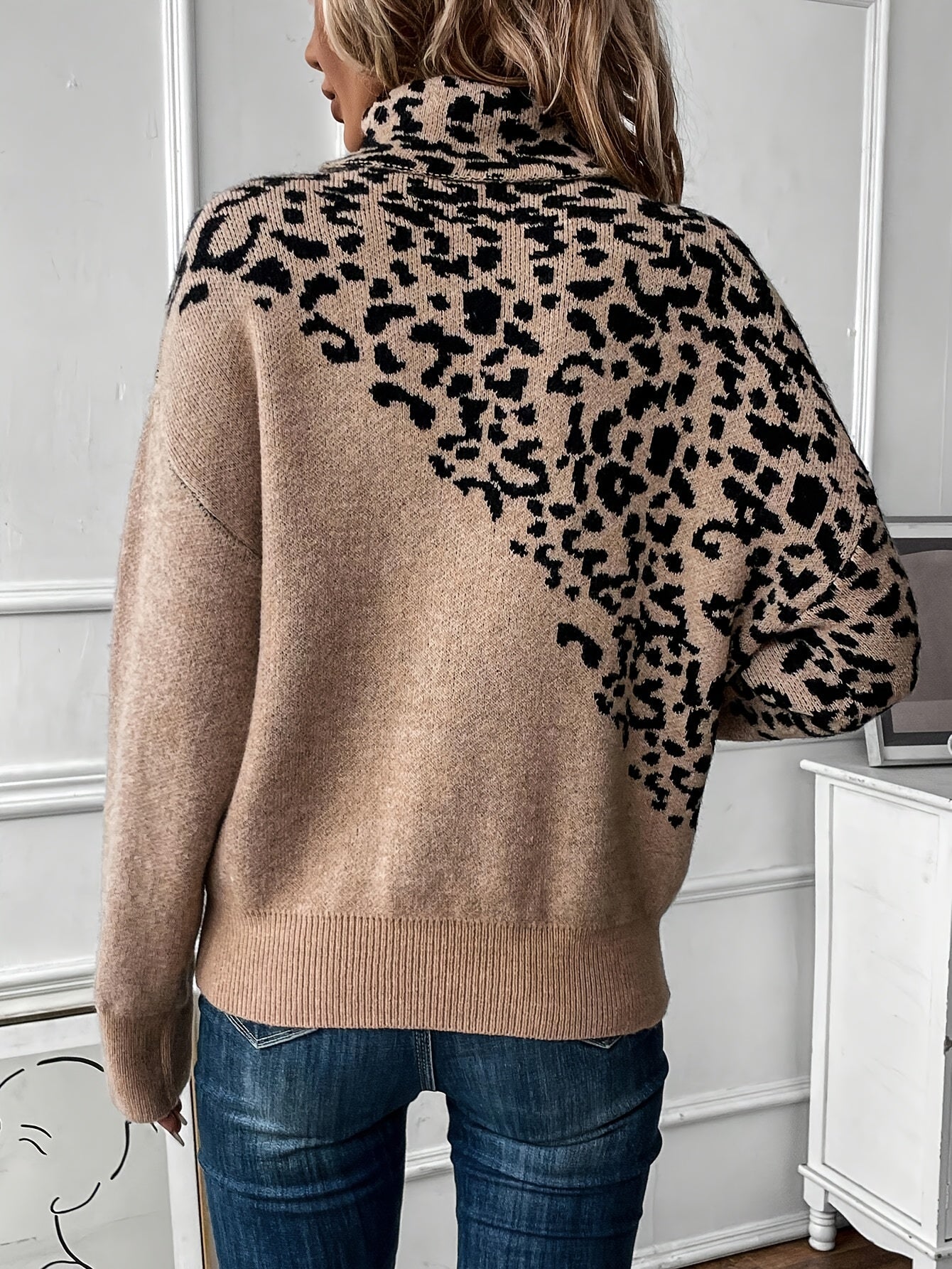 Pull chaud femme col roulé motif léopard