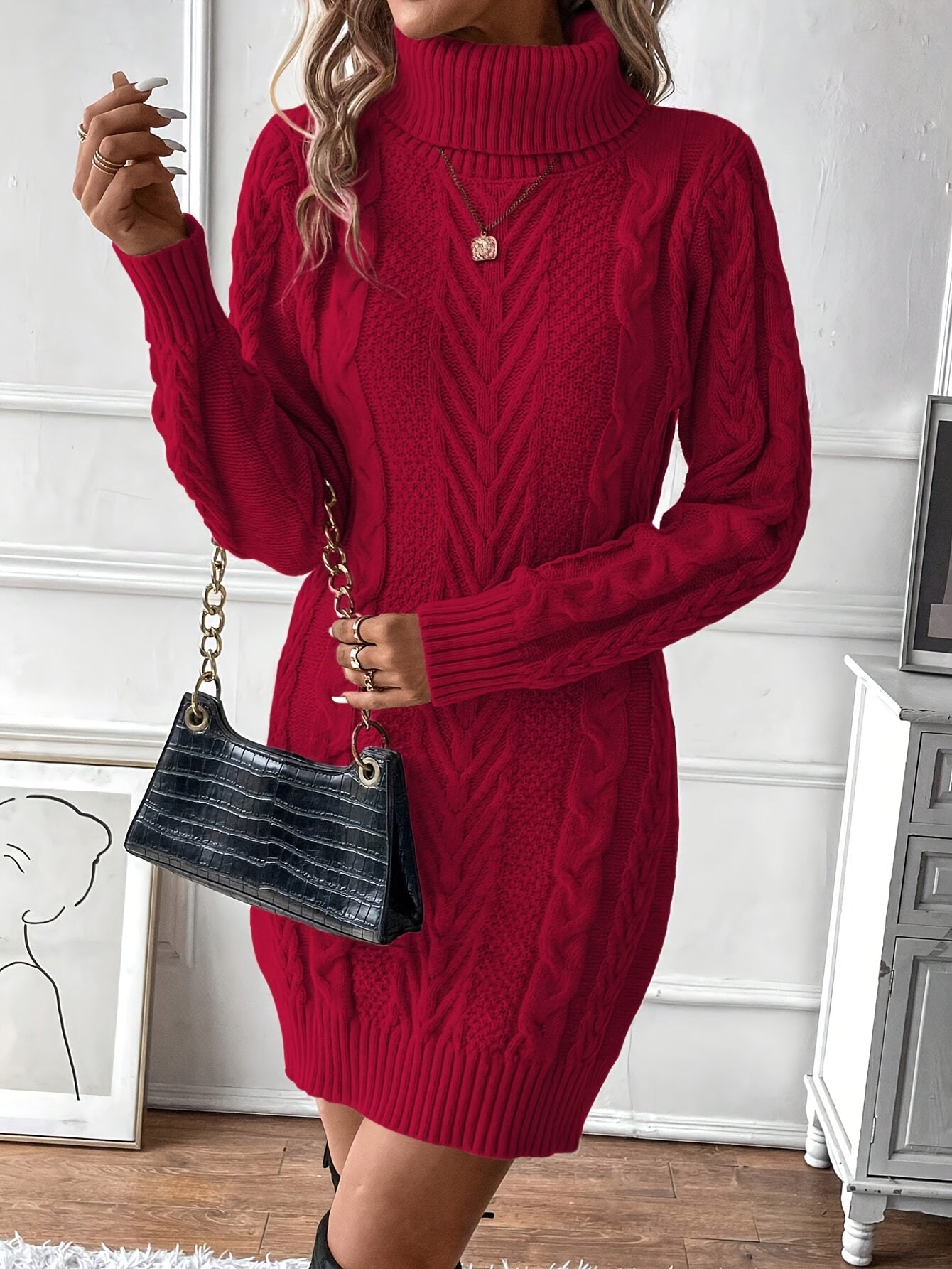 Robe pull hiver femme col roulé maille torsadée courte