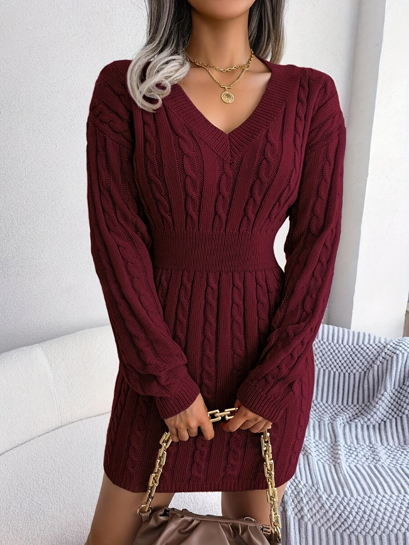 Robe pull hiver femme moulante col en V manches longues