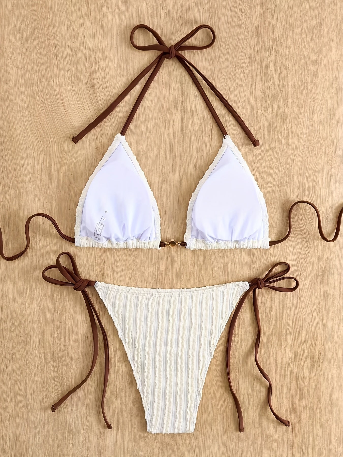 Maillot de bain 2 pièces triangle texturé à nouer perle