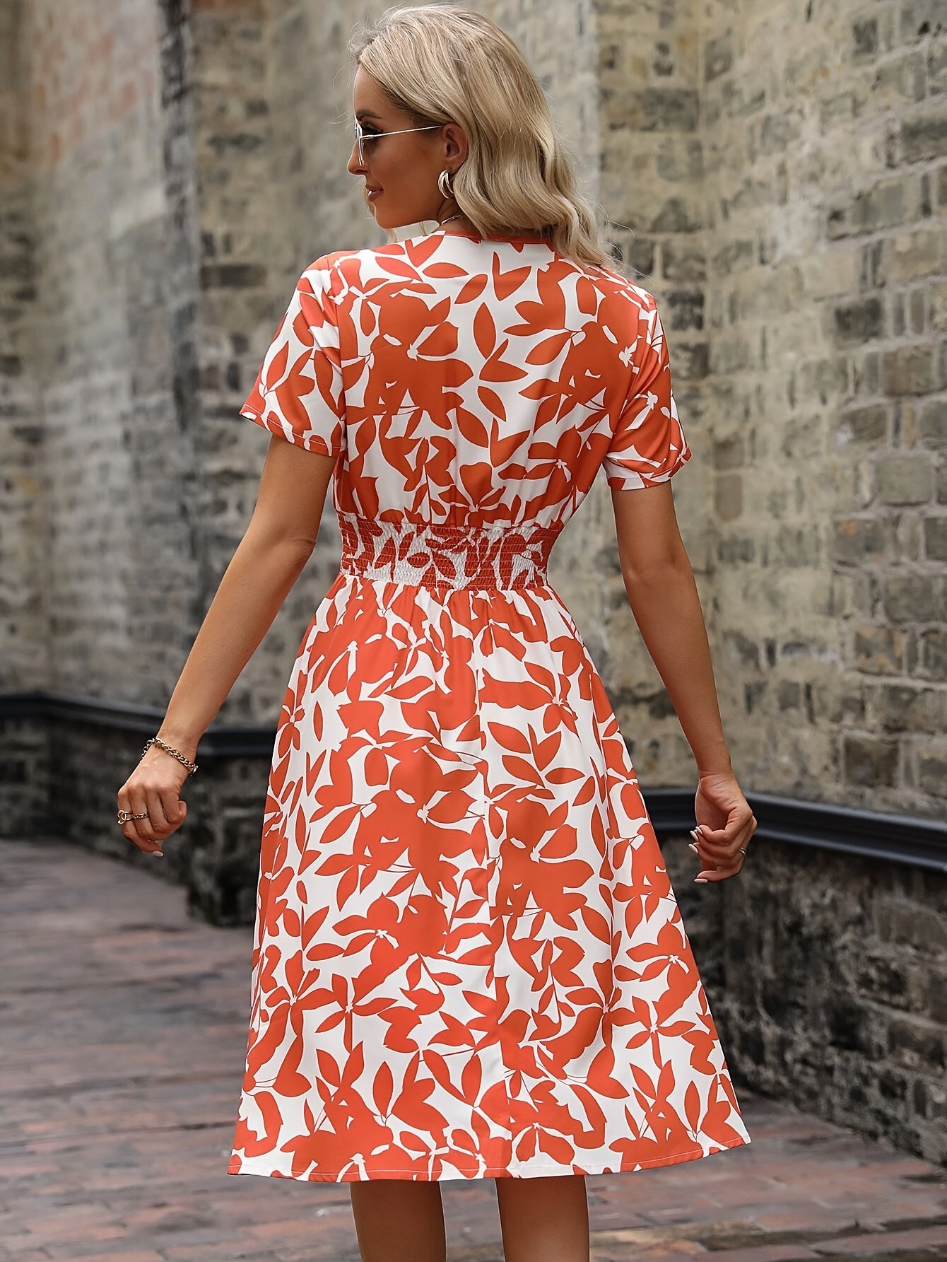 Robe portefeuille été femme imprimé feuillage manches courtes