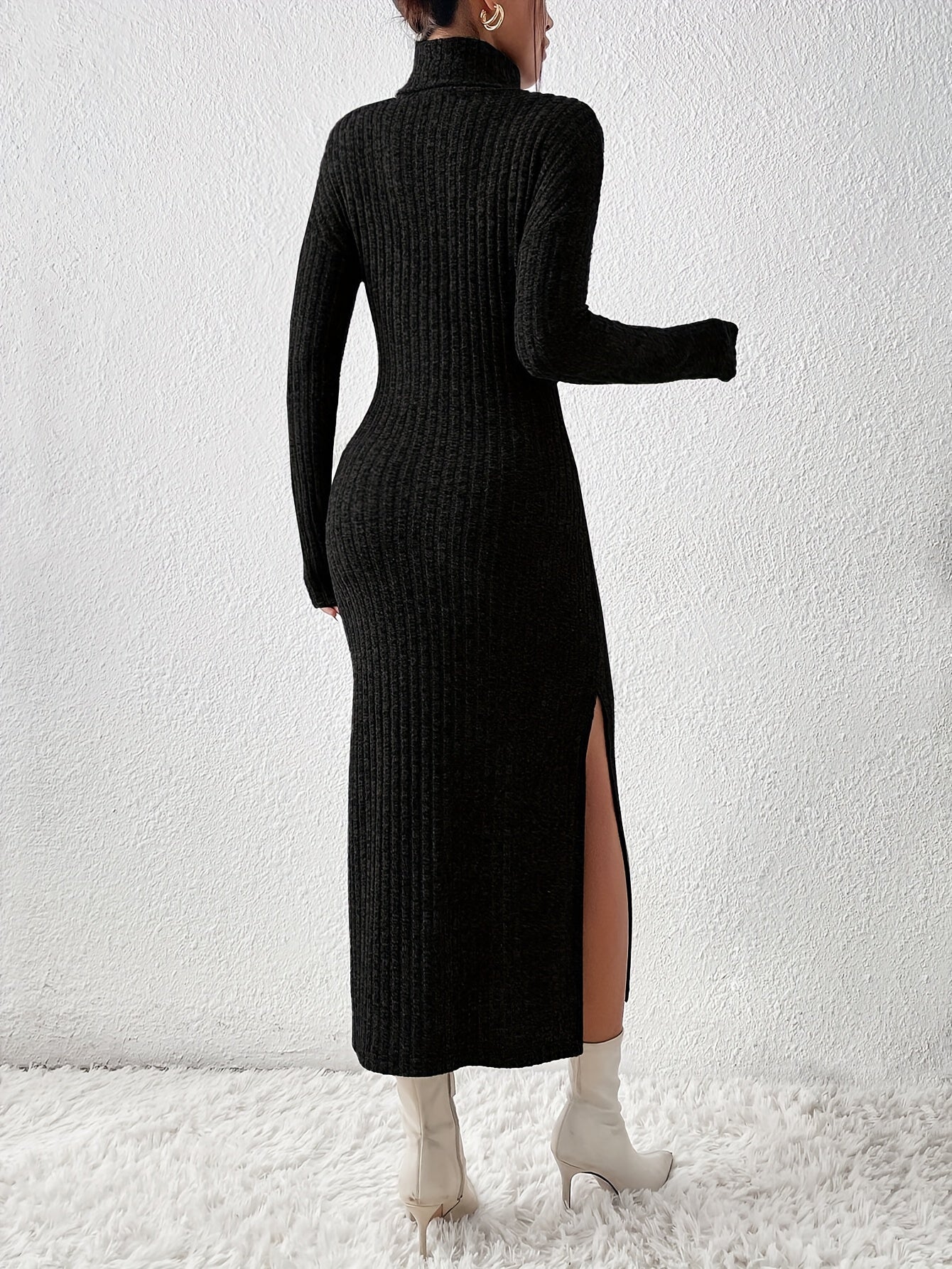 Robe pull longue moulante femme col montant fendue