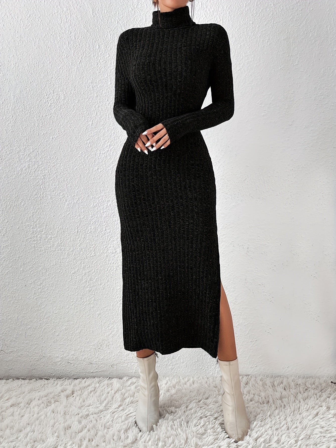 Robe pull longue moulante femme col montant fendue