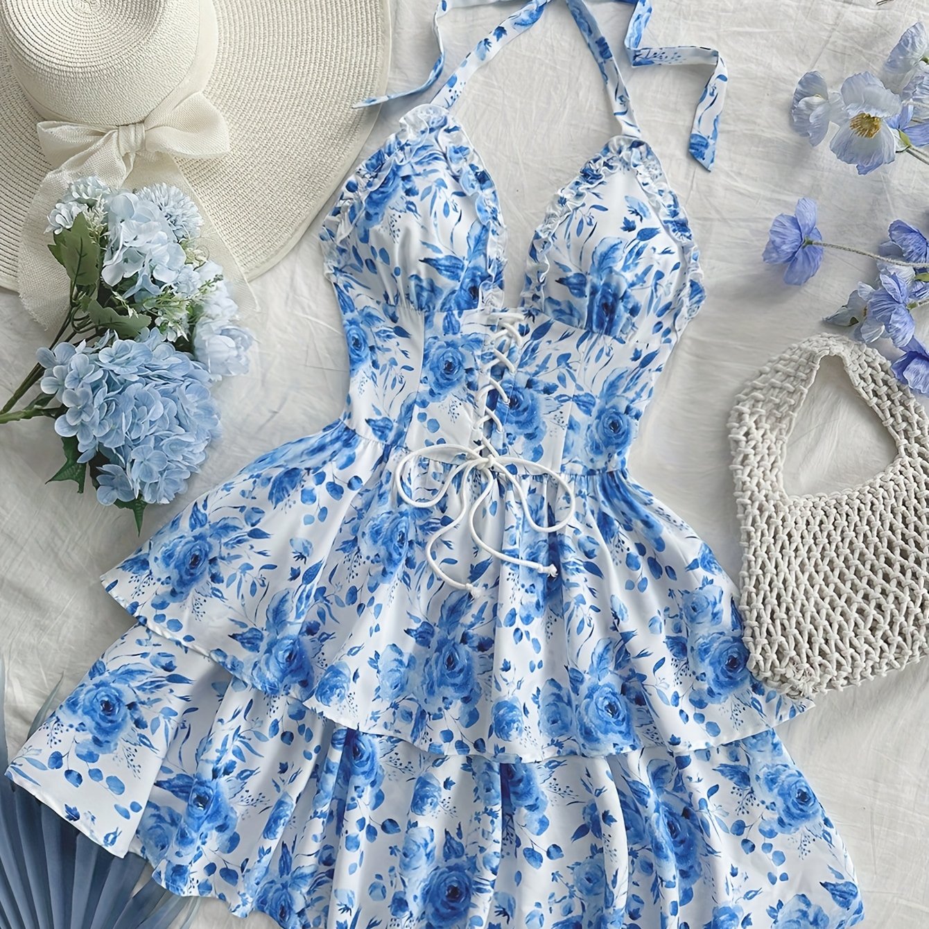 Robe courte bustier fleurie à volants femme