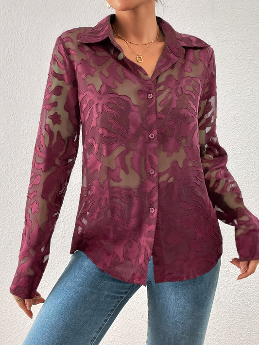 Chemise transparente femme à motifs veloutés col classique