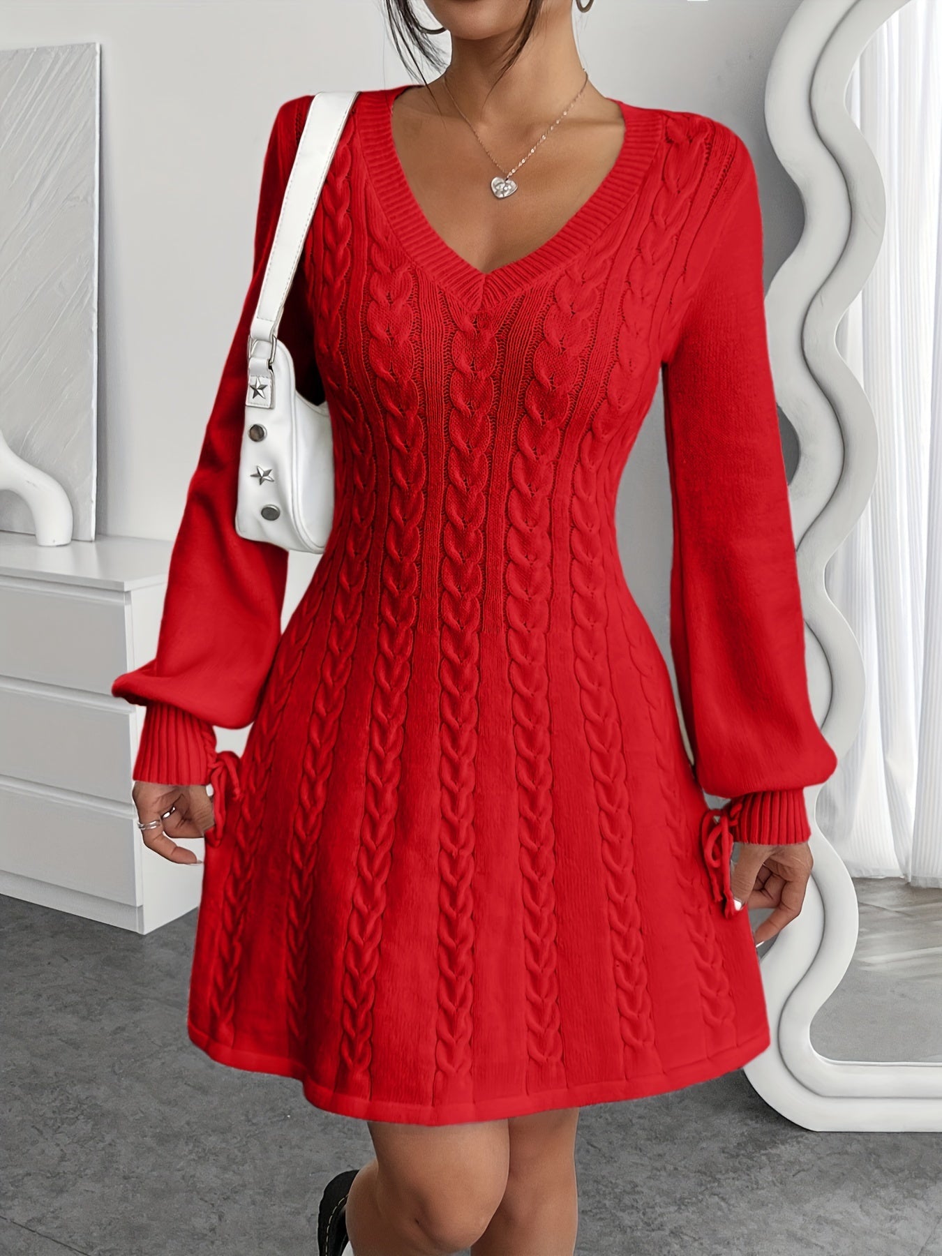Robe pull hiver femme col V maille torsadée