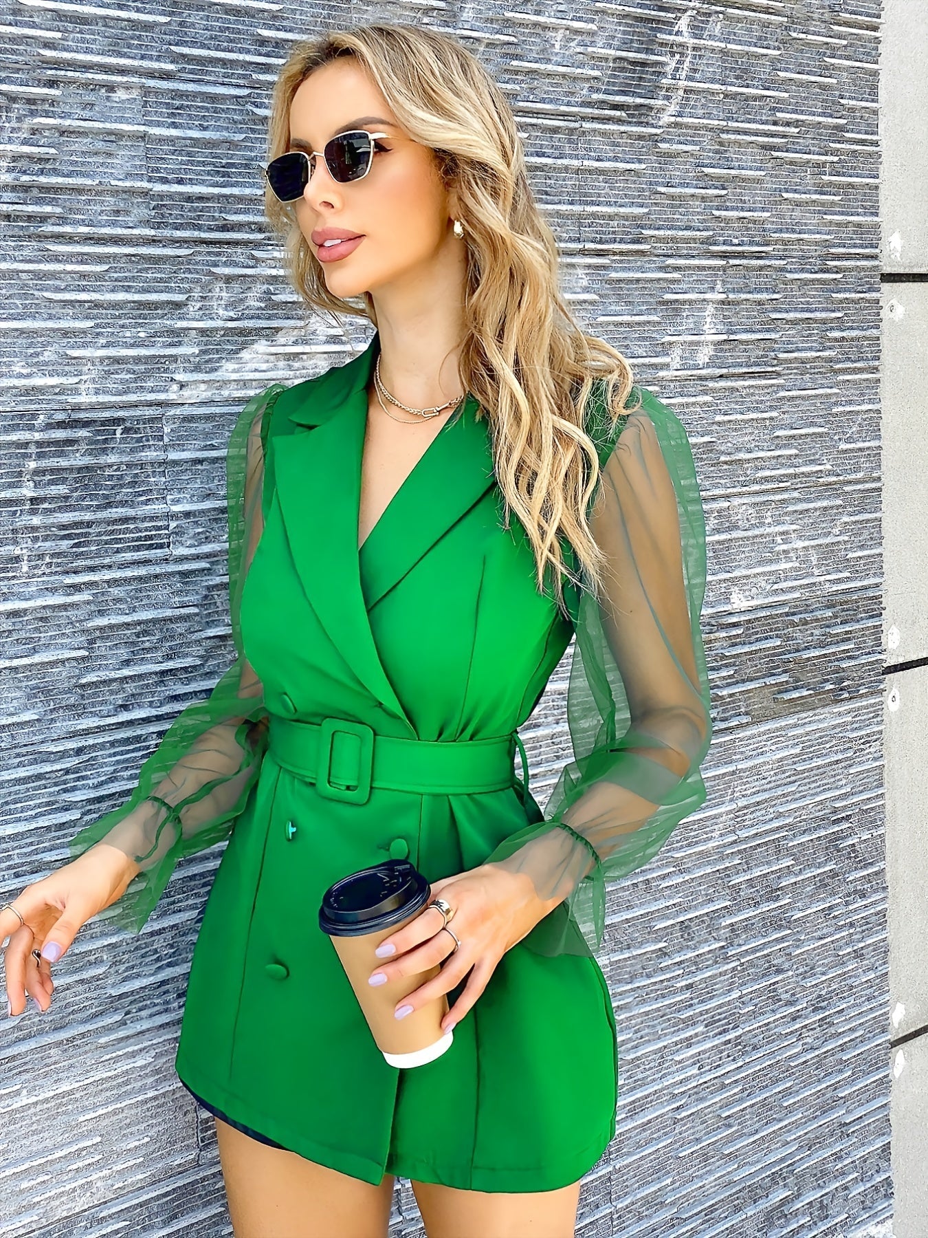 Robe blazer verte femme manches transparentes