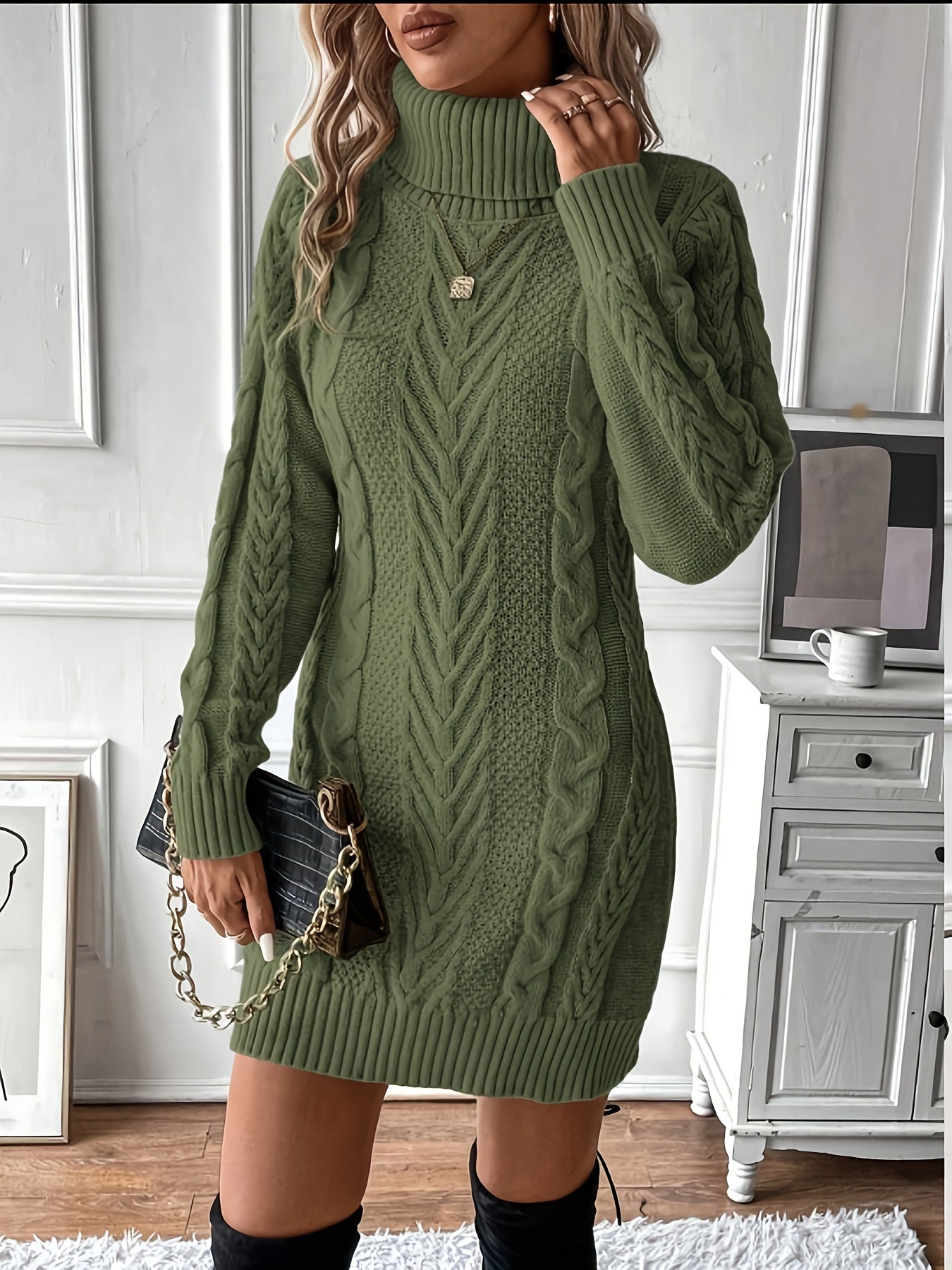 Robe pull hiver femme col roulé maille torsadée courte