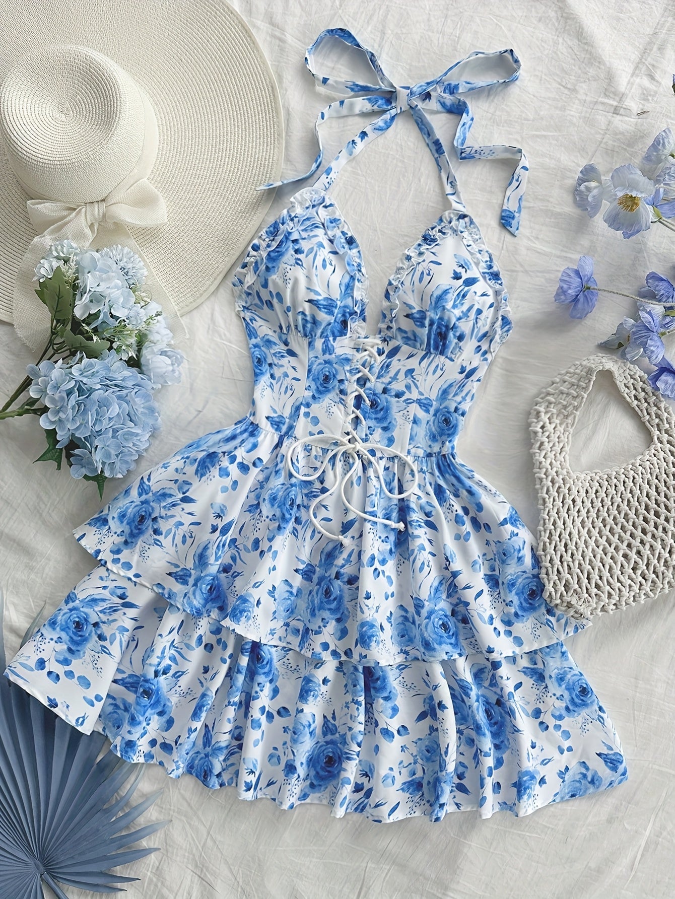 Robe courte bustier fleurie à volants femme