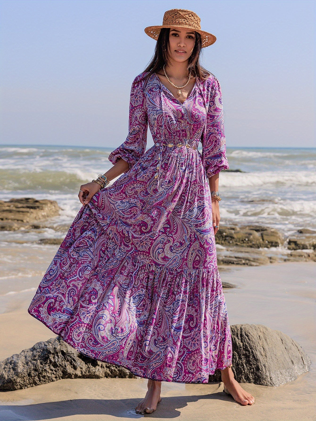 Robe bohème longue été femme à motifs paisley fluide