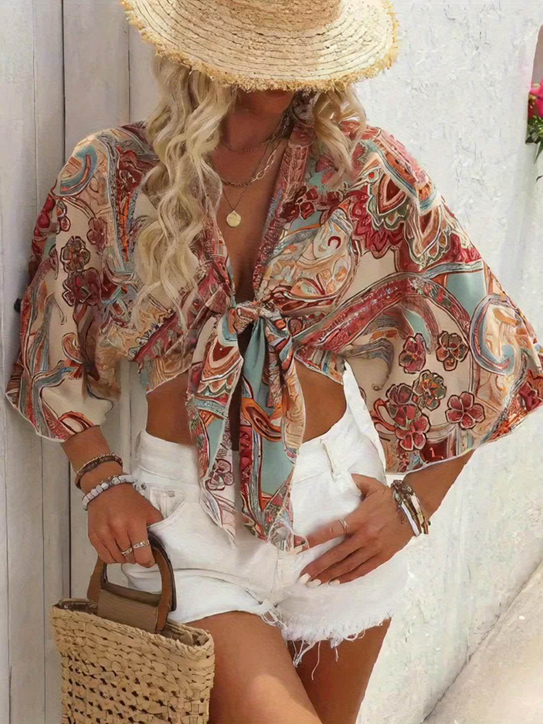 Top bohème femme noué à l’avant manches larges imprimé foulard