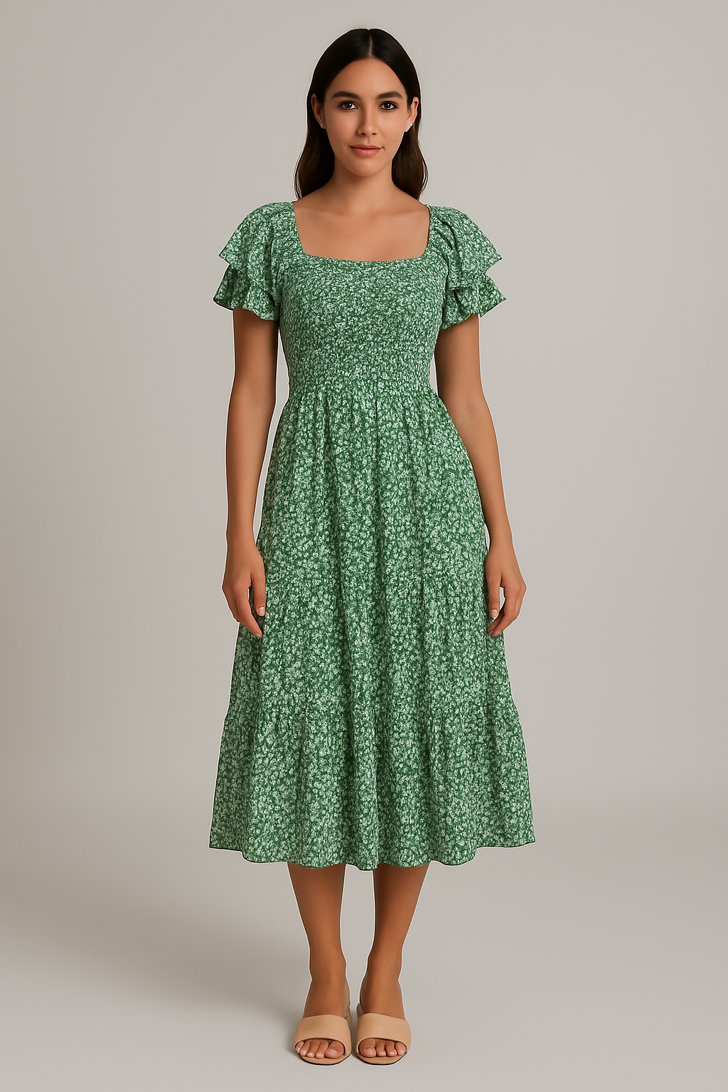 Robe mi-longue fleurie smockée – Vert émeraude
