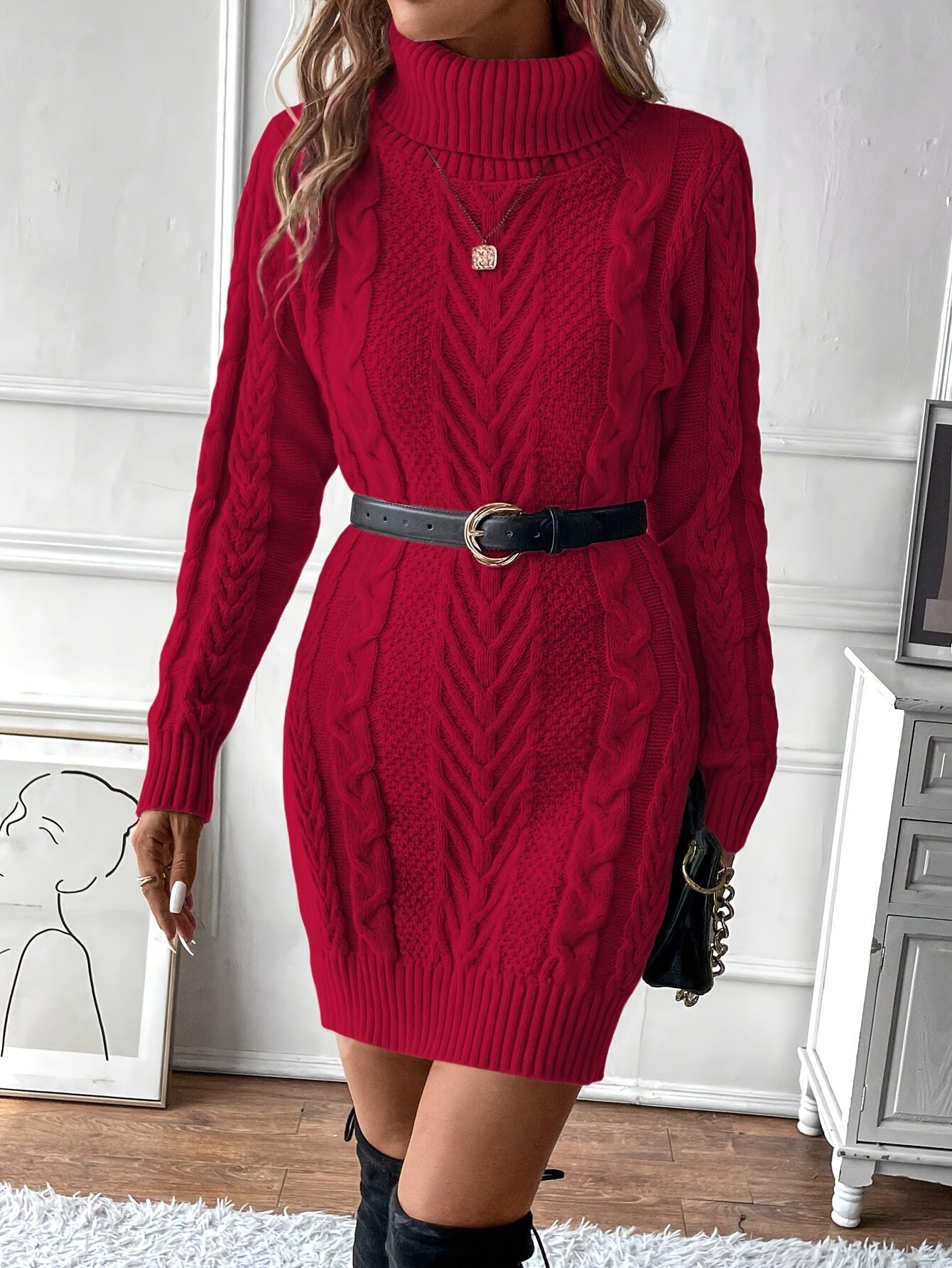 Robe pull hiver femme col roulé maille torsadée courte