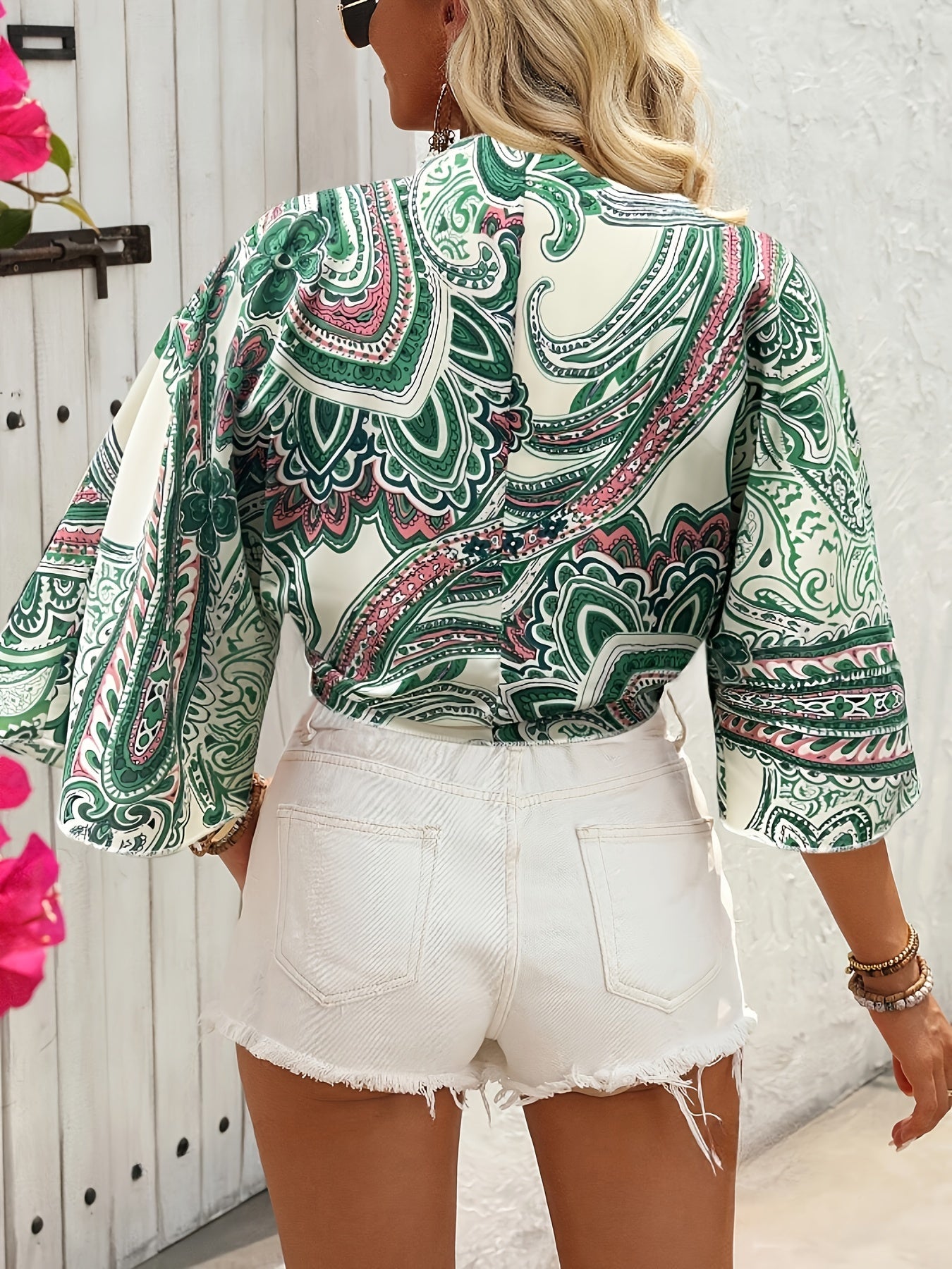Top bohème femme noué à l’avant manches larges imprimé foulard