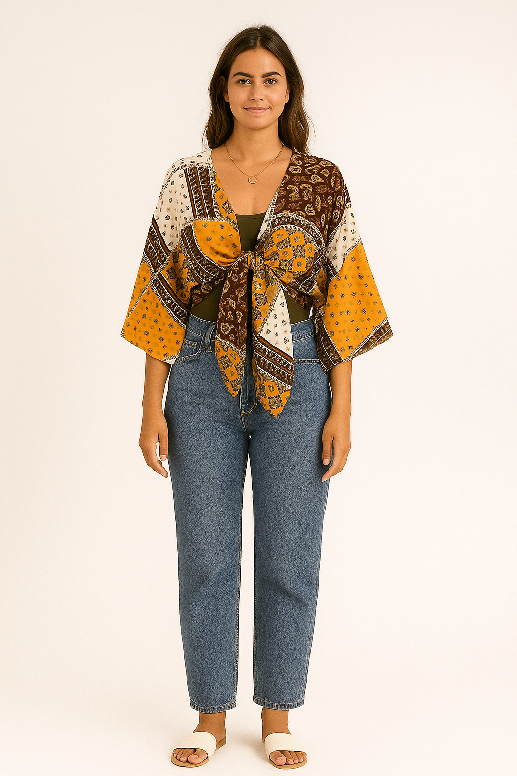 Top bohème femme noué à l’avant manches larges imprimé foulard