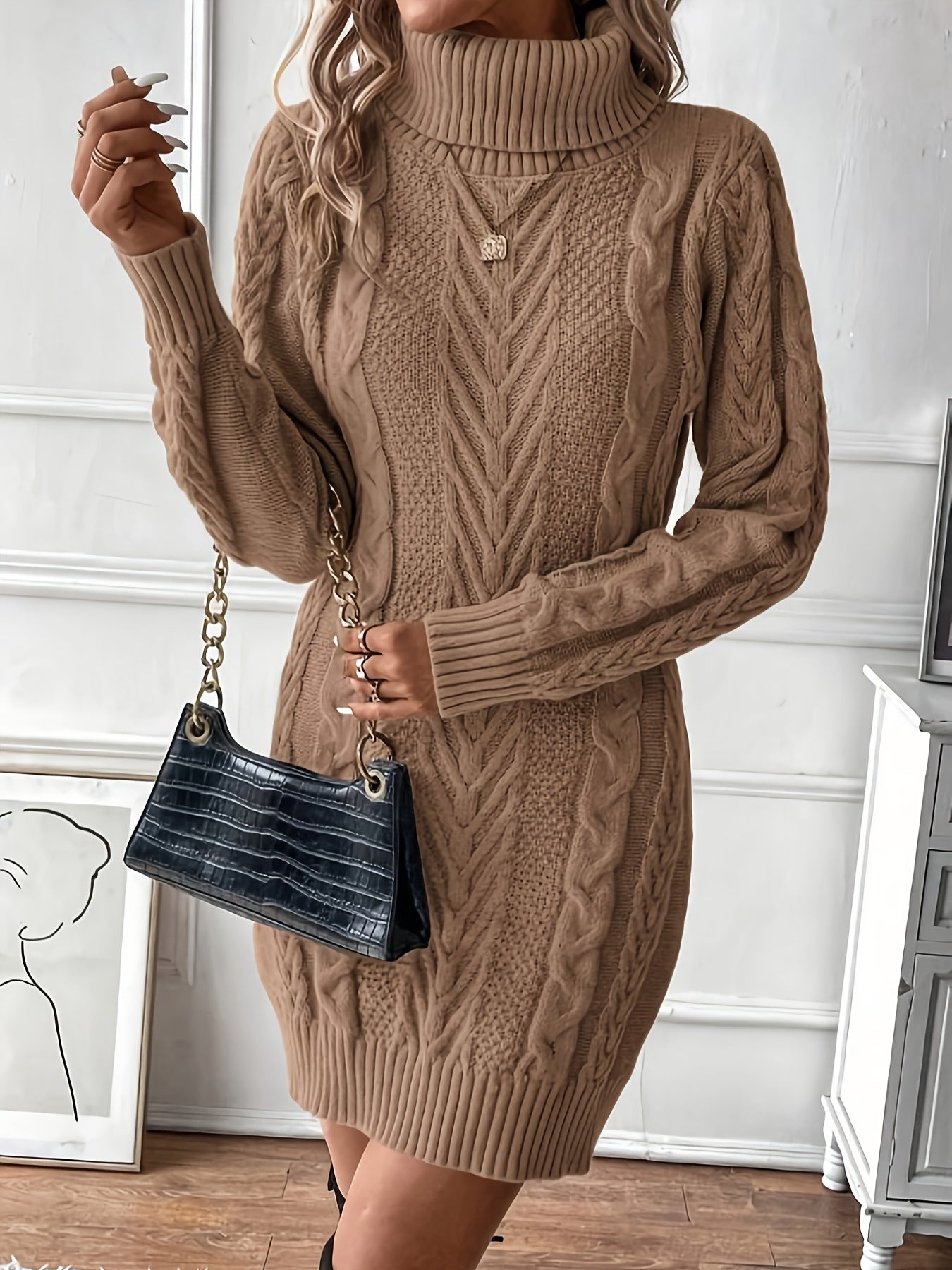 Robe pull hiver femme col roulé maille torsadée courte