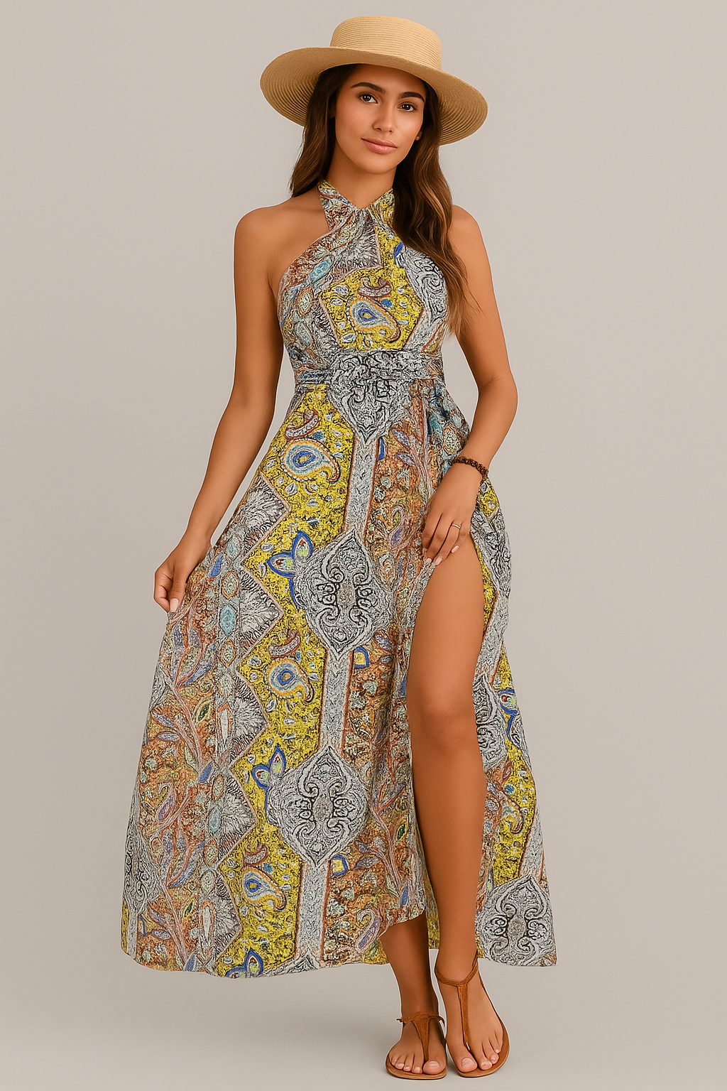 Robe longue bohème fluide femme – imprimé patchwork d’été