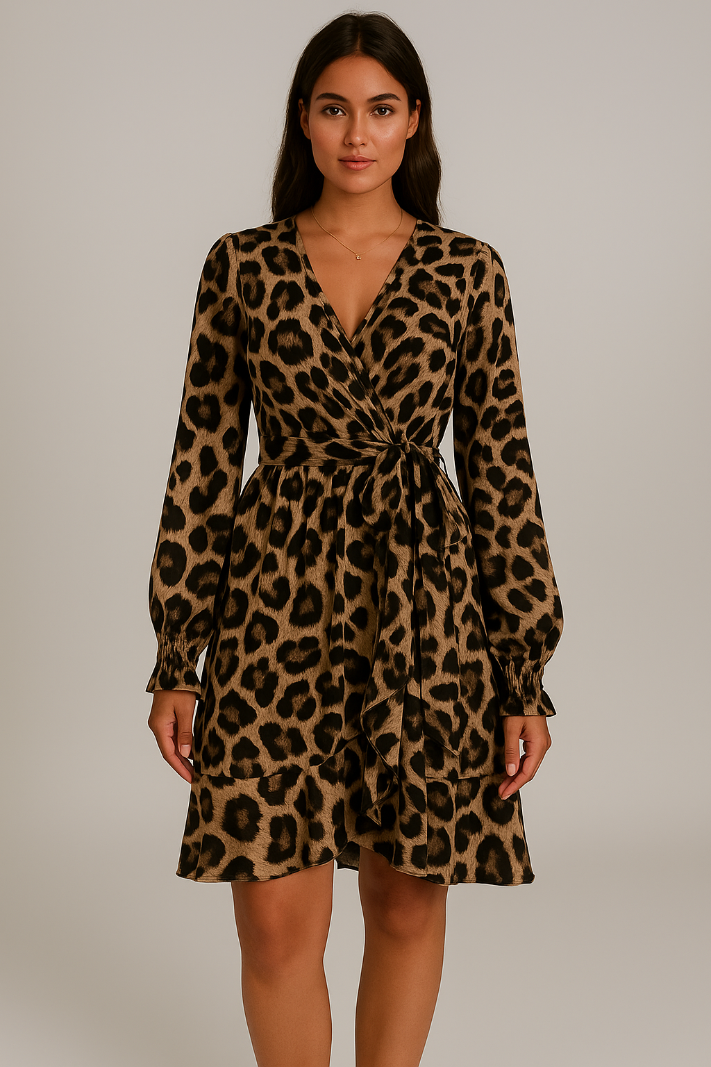 Robe portefeuille courte imprimé léopard satinée femme