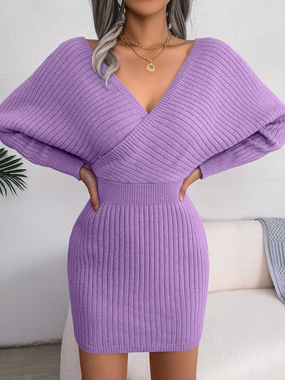Robe pull moulante hiver femme col cache-cœur manches longues