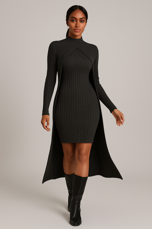 Robe blazer noire asymétrique côtelée femme