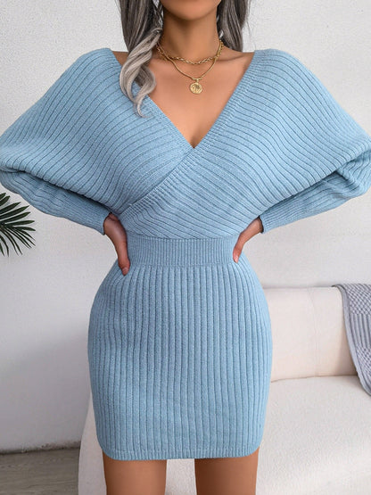 Robe pull moulante hiver femme col cache-cœur manches longues