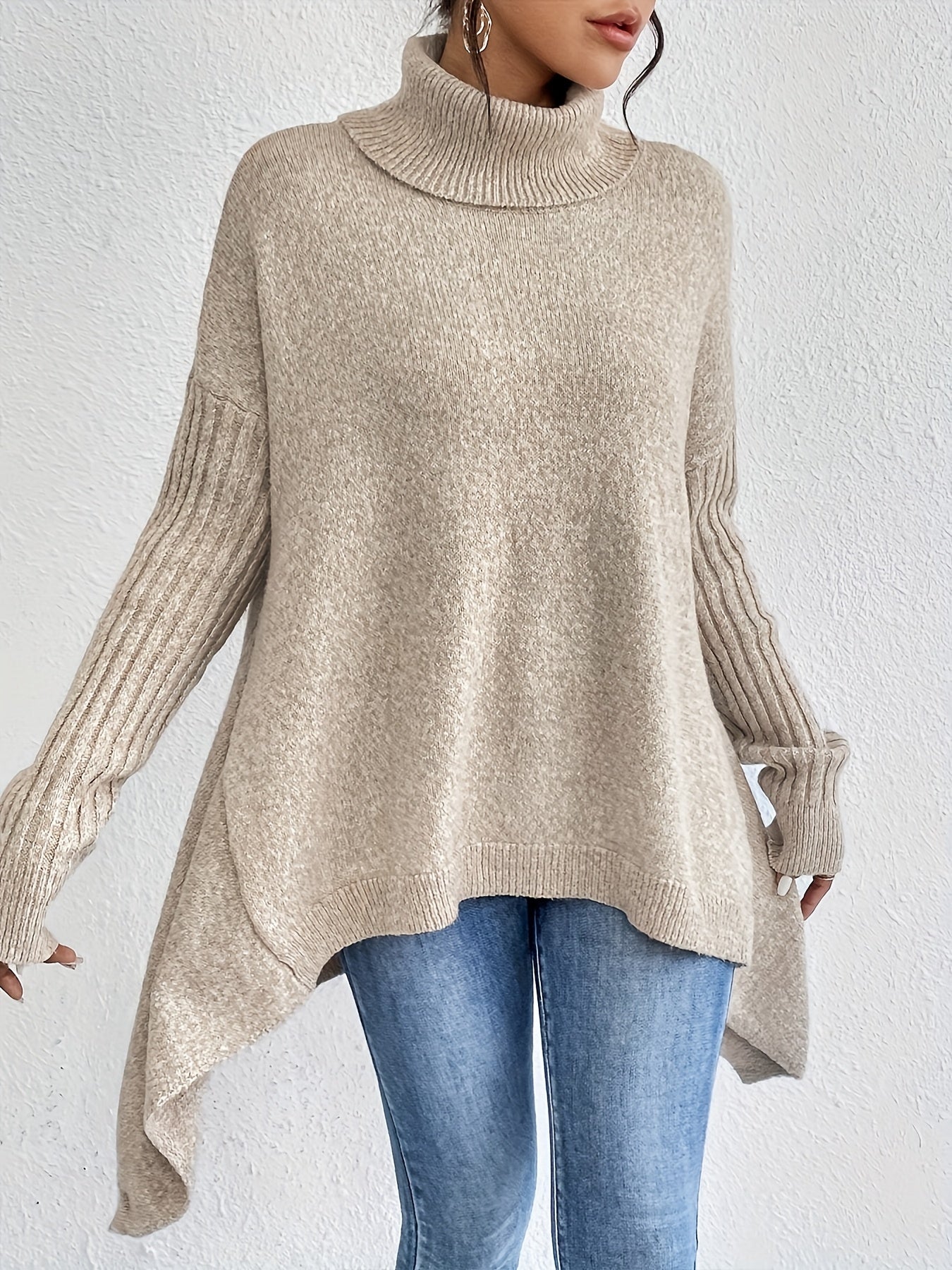 Pull chaud femme col roulé oversize – coupe asymétrique hiver cocooning