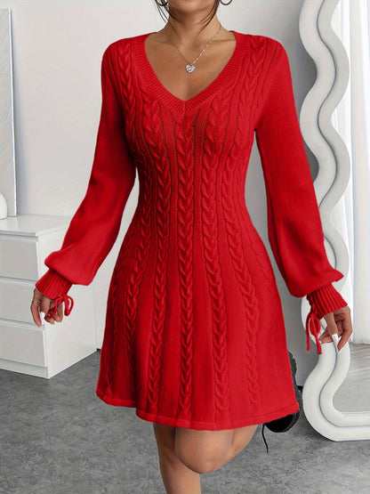 Robe pull hiver femme col V maille torsadée