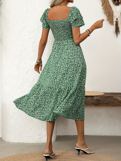 Robe mi-longue fleurie smockée – Vert émeraude