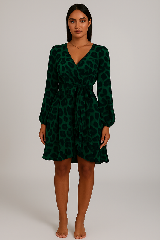 Robe portefeuille courte imprimé léopard satinée femme