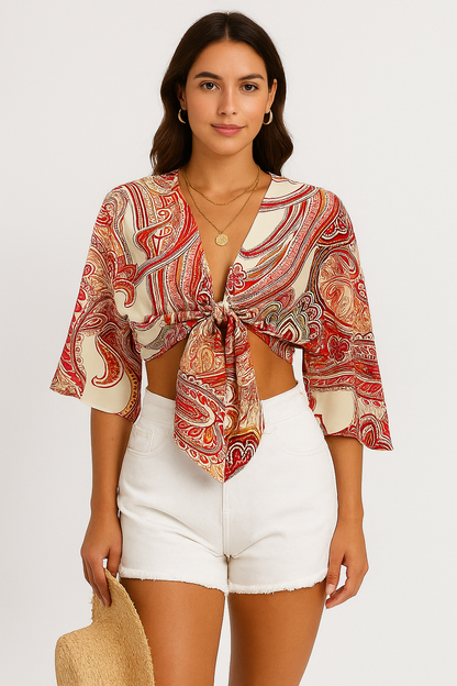 Top bohème femme noué à l’avant manches larges imprimé foulard