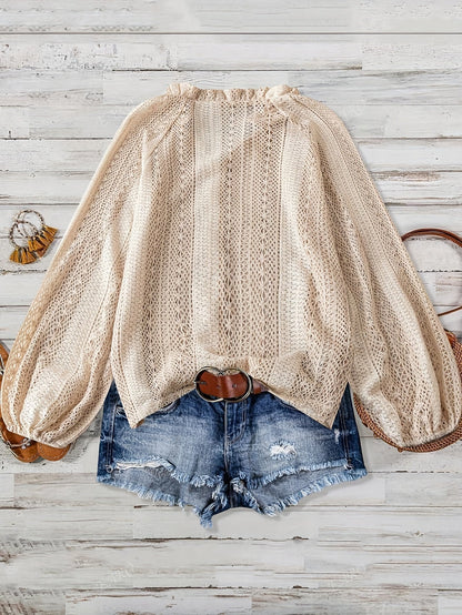 Blouse en maille ajourée femme manches longues boutonnée