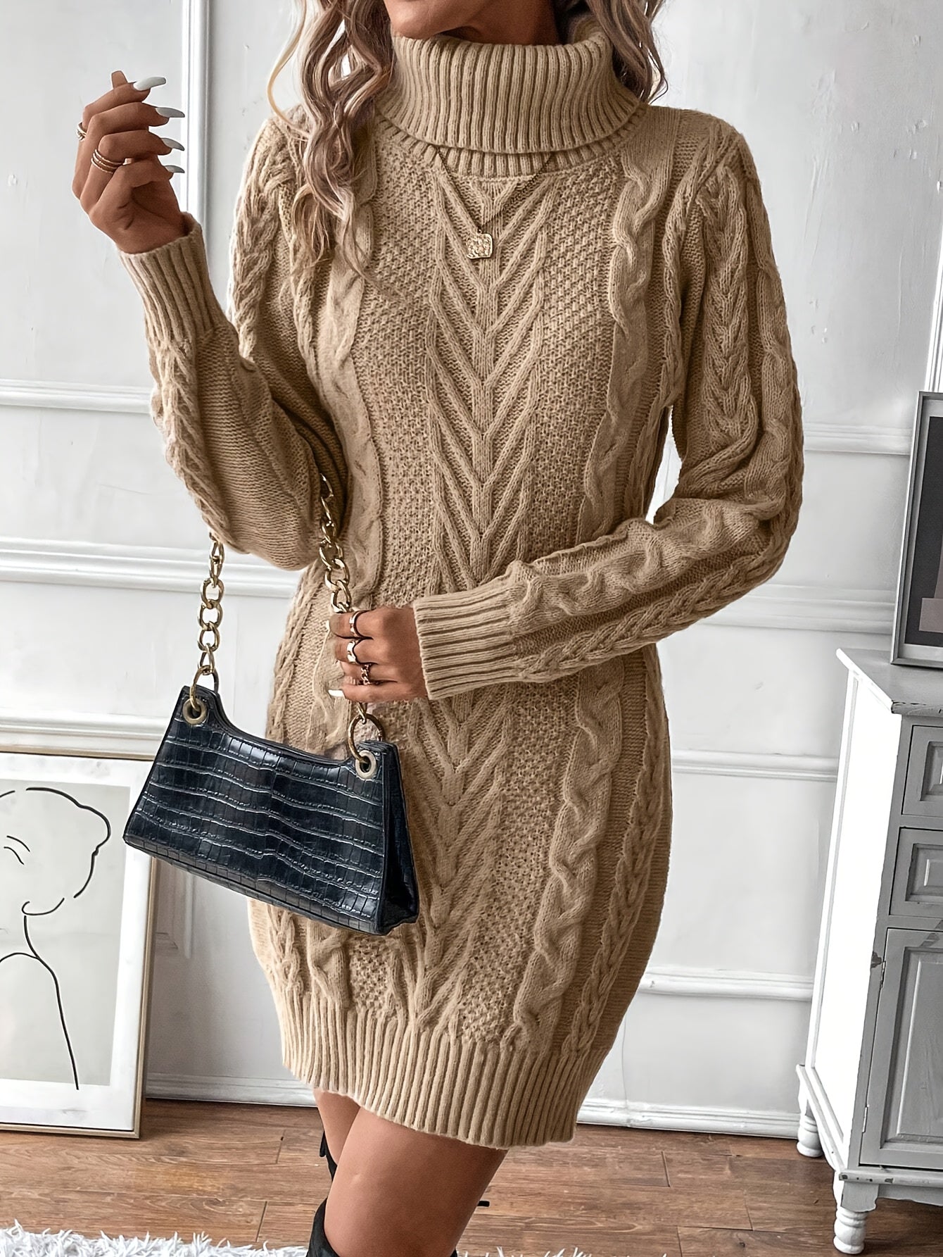 Robe pull hiver femme col roulé maille torsadée courte