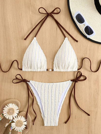 Maillot de bain 2 pièces triangle texturé à nouer perle