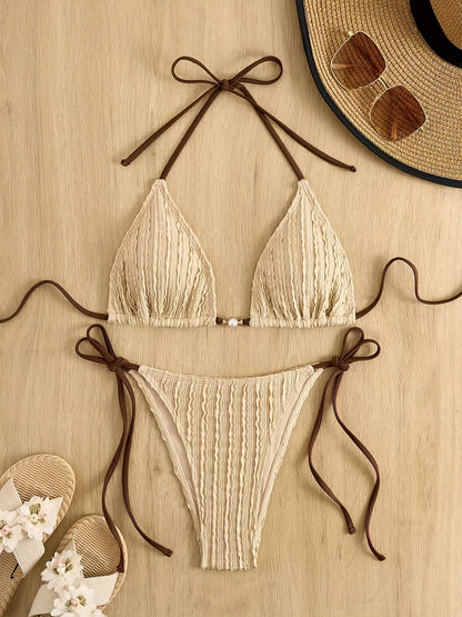 Maillot de bain 2 pièces triangle texturé à nouer perle