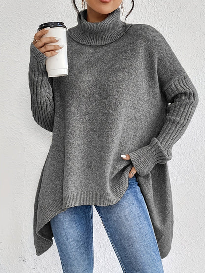 Pull chaud femme col roulé oversize – coupe asymétrique hiver cocooning