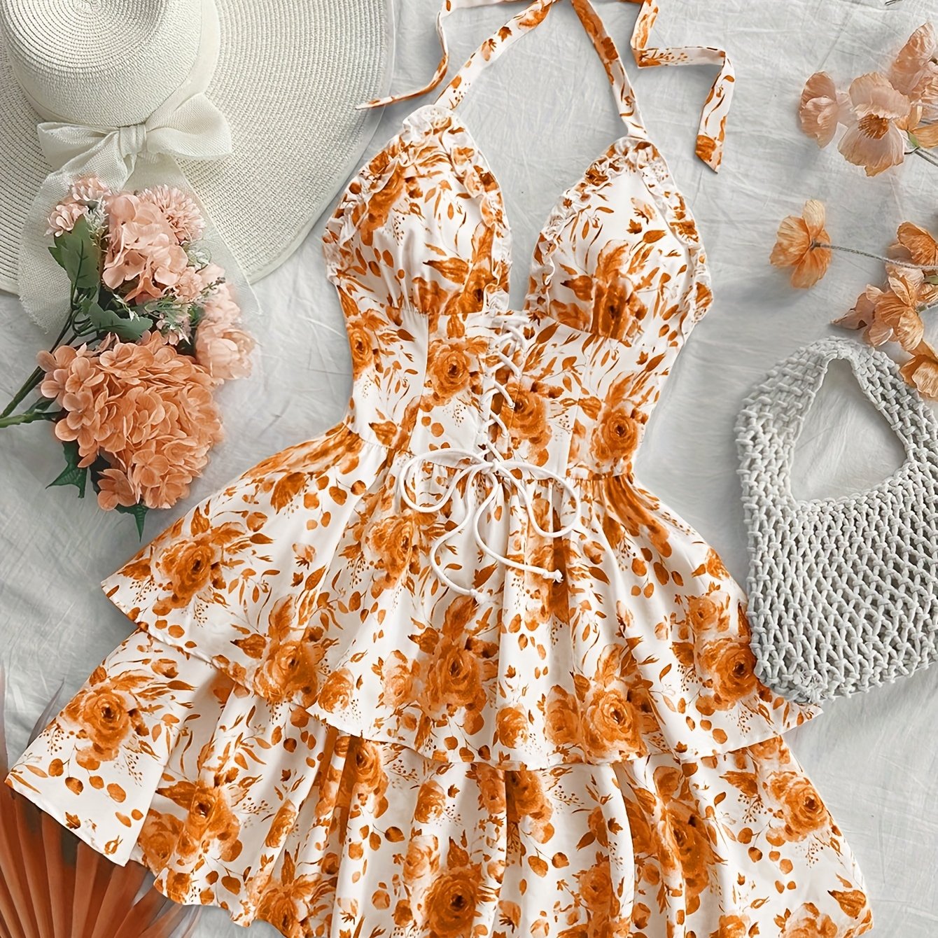 Robe courte bustier fleurie à volants femme