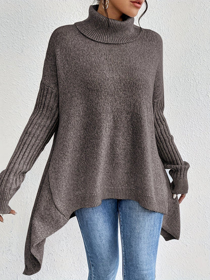 Pull chaud femme col roulé oversize – coupe asymétrique hiver cocooning