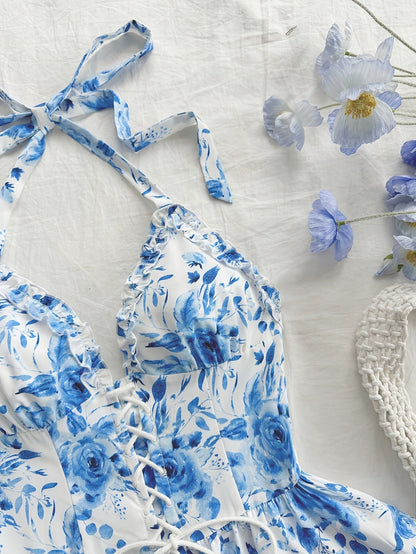 Robe courte bustier fleurie à volants femme