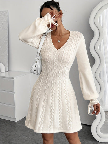 Robe pull hiver femme col V maille torsadée
