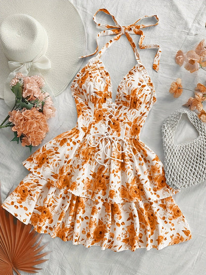 Robe courte bustier fleurie à volants femme