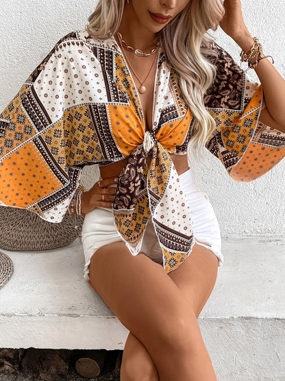 Top bohème femme noué à l’avant manches larges imprimé foulard