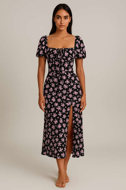 Robe longue fleurie manches courtes femme