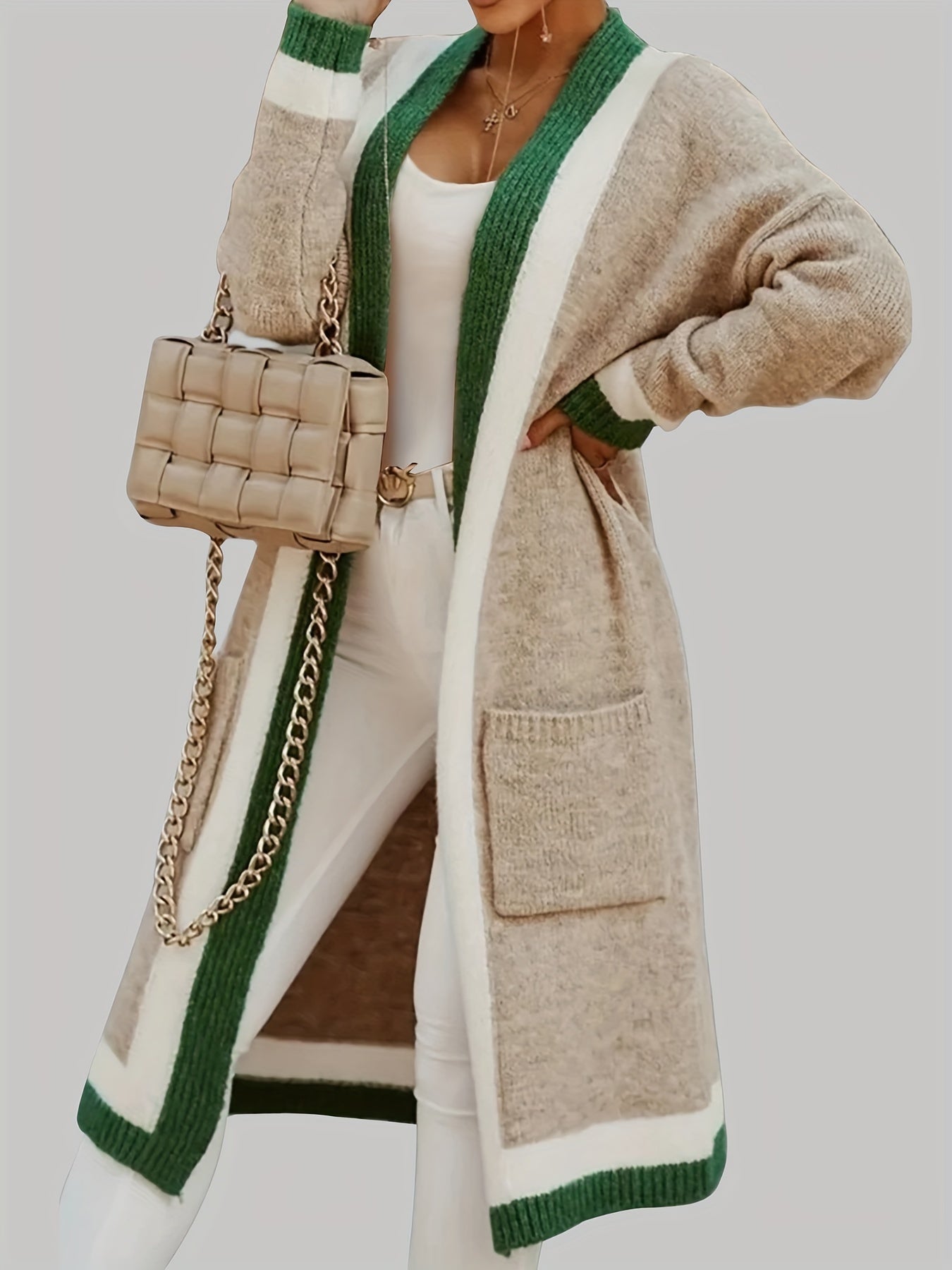 Gilet long chaud femme maille épaisse avec poches