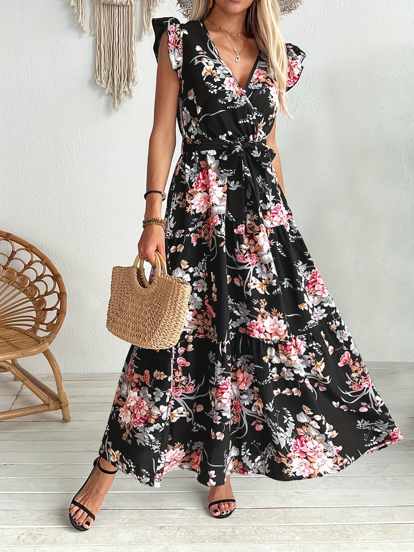 Robe longue fleurie femme à volants et décolleté V