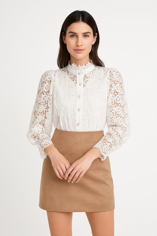 Blouse femme dentelle manches longues col montant perlé