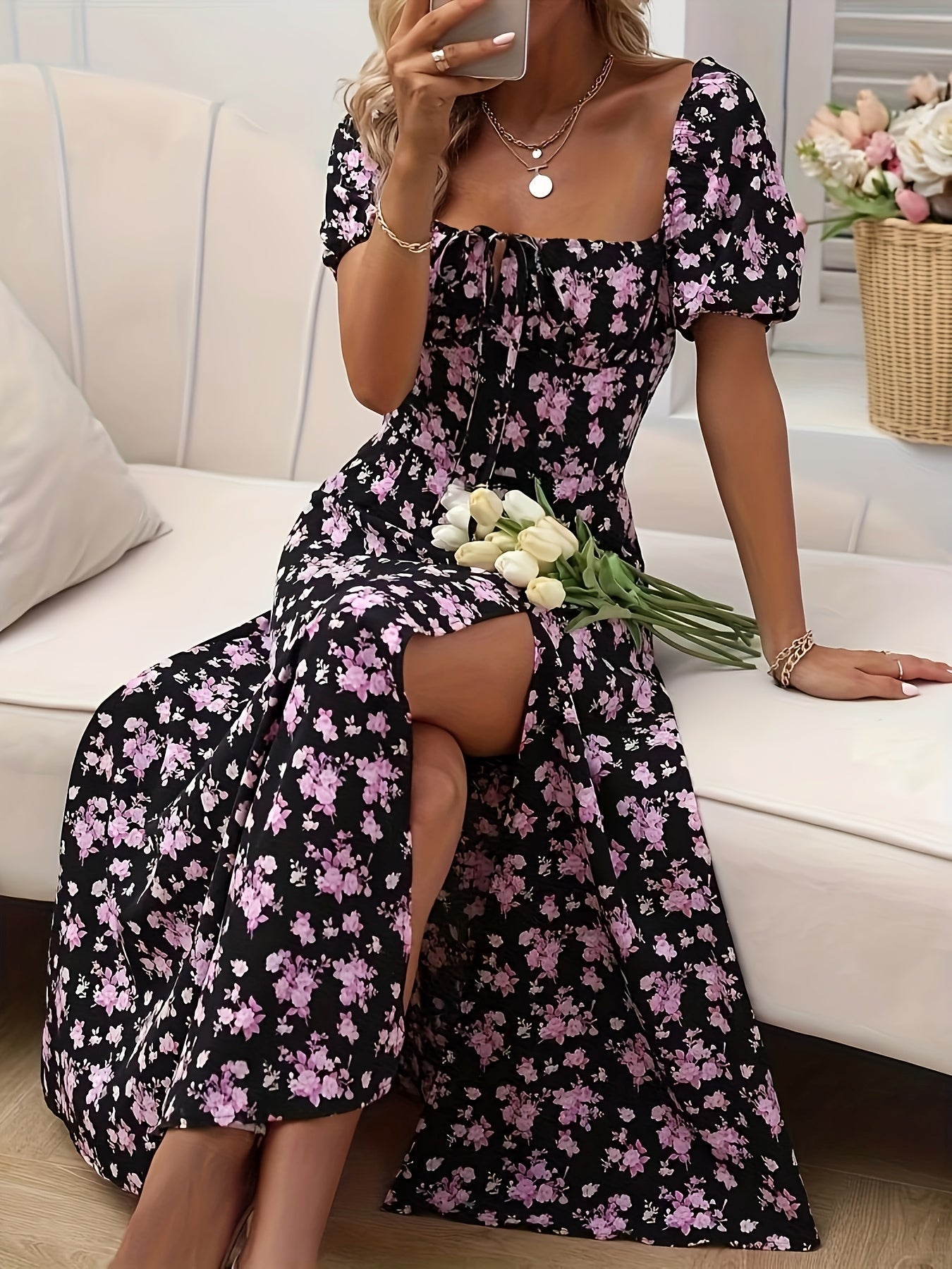 Robe longue fleurie manches courtes femme